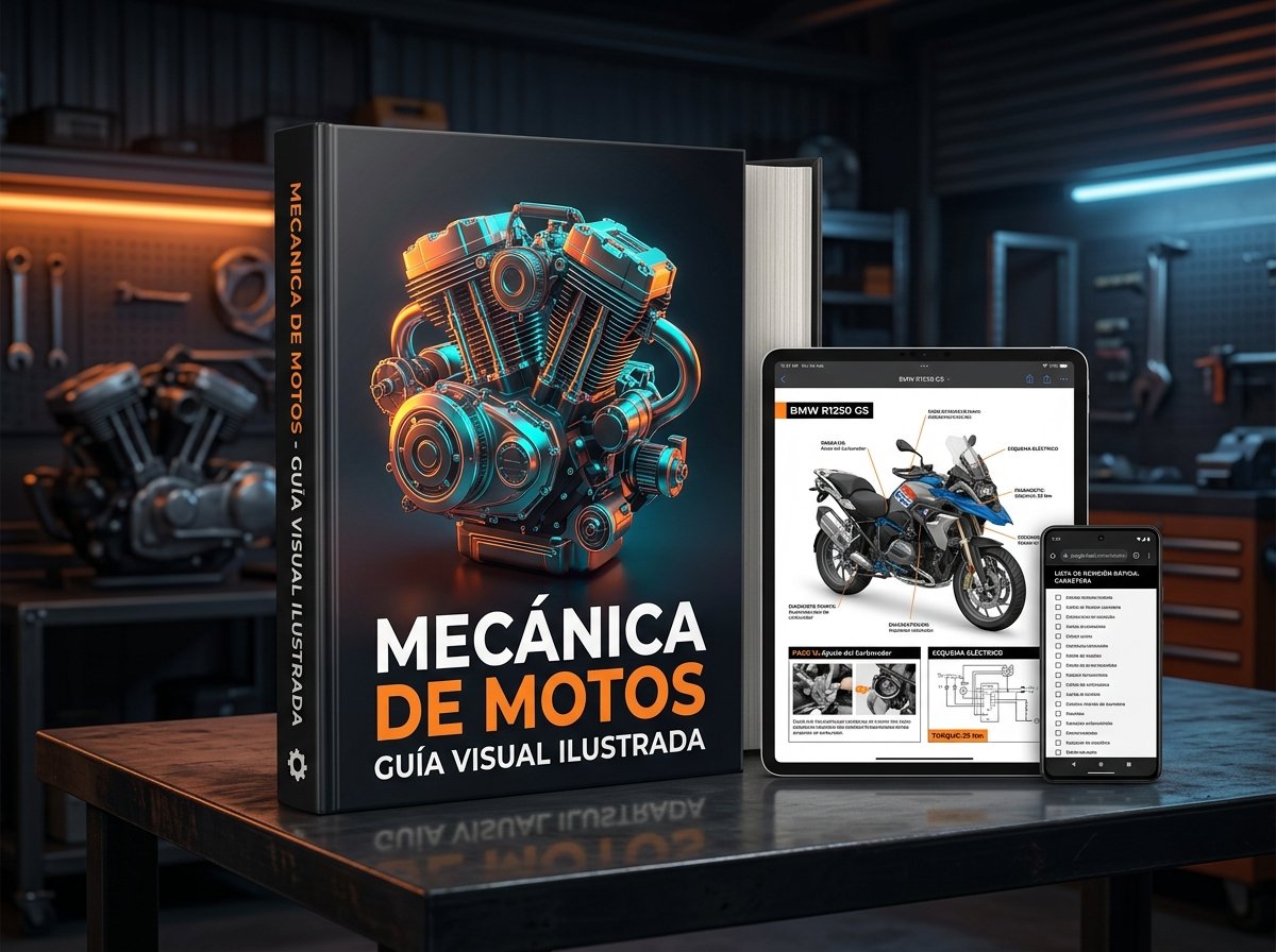 Mockup Tangible Profesional de la Guía Visual Ilustrada de Mecánica de Motos - Manual Físico, Tablet y Celular